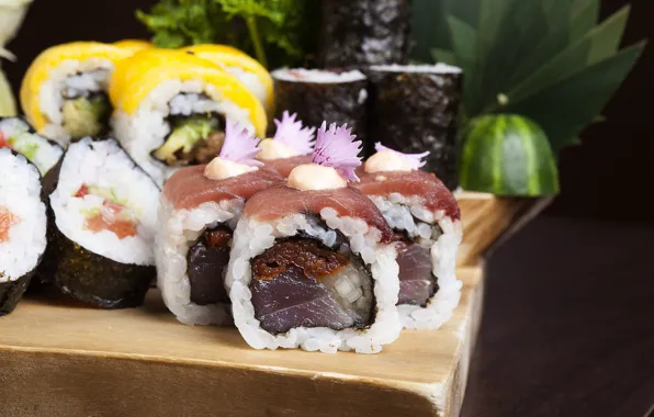Fish, figure, sushi, rolls, cutting Board, Asian cuisine