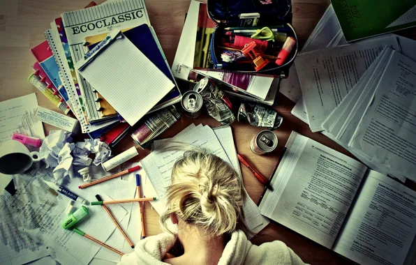 Picture girl, books, coffee, handle, pencil, notebook, Study