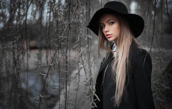 Look, branch, cloak, beautiful girl, black hat