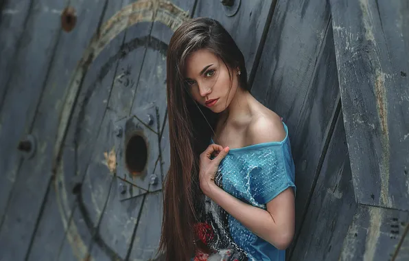 Picture long hair, brown eyes, women, brunette, blue shirt, looking at viewer, hair hanging down, closed …