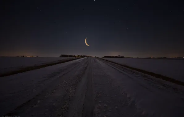 Winter, road, field, stars, snow, the moon