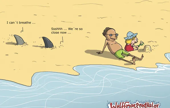 Picture shore, humor, Wulffmorgenthaler, caricature, sharks