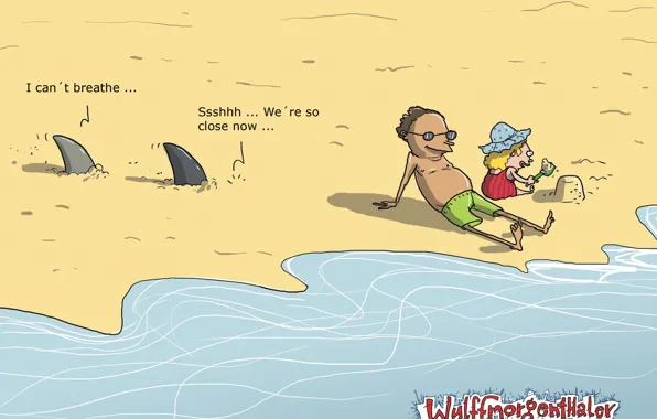 Shore, humor, Wulffmorgenthaler, caricature, sharks