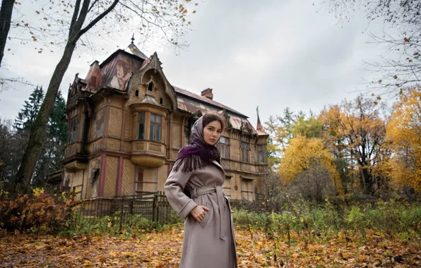 Autumn, look, girl, pose, house, coat, Daria, Andrey Brandis