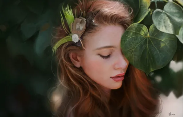 Leaves, girl, face, foliage, feathers, art, barrette