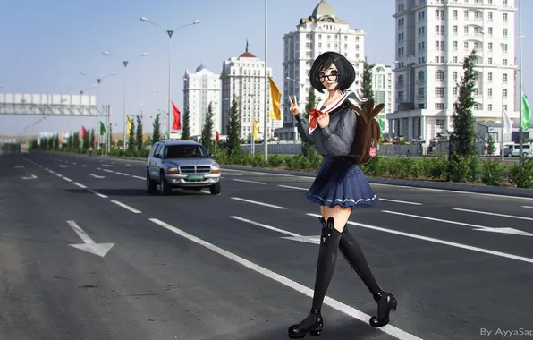 Road, girl, the city, glasses, schoolgirl