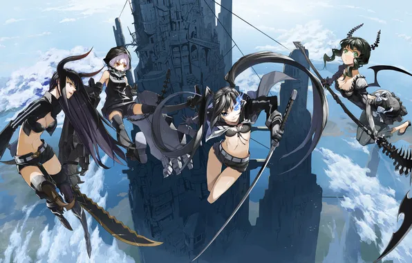 Picture girls, height, sword, braid, black rock shooter, takanashi yomi, catch the worm, in the sky