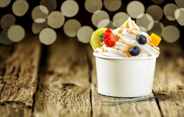 Berries, kiwi, blueberries, strawberry, nuts, cream, dessert, sweet