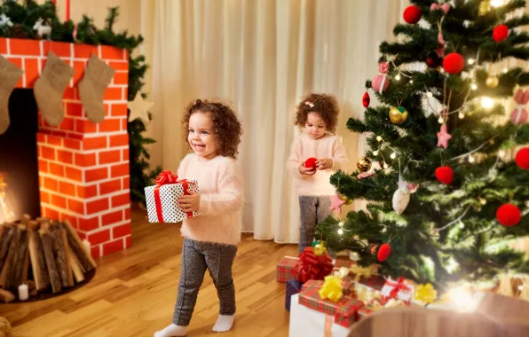 Picture decoration, children, gift, toy, tree, new year, Christmas, fireplace
