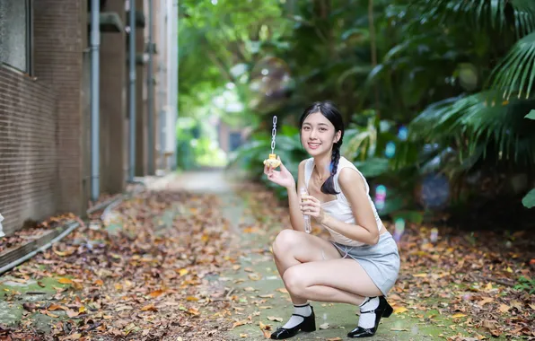 Girl, skirt, Mike, bubbles, braid, legs, Asian