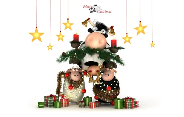 Holiday, graphics, sheep, new year, Christmas, cow, stars, candles