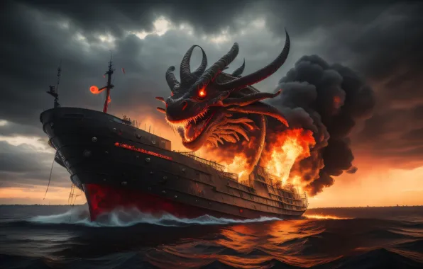 Sea, face, fire, fire, dragon, ship, mouth, attack