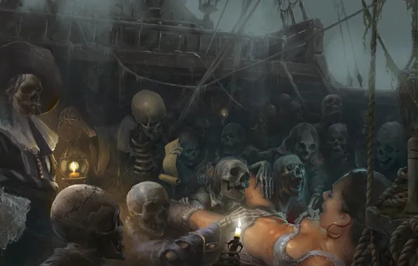 Picture fear, the victim, candles, bones, pirates, skeletons, Black Sun, The Flying Dutchman