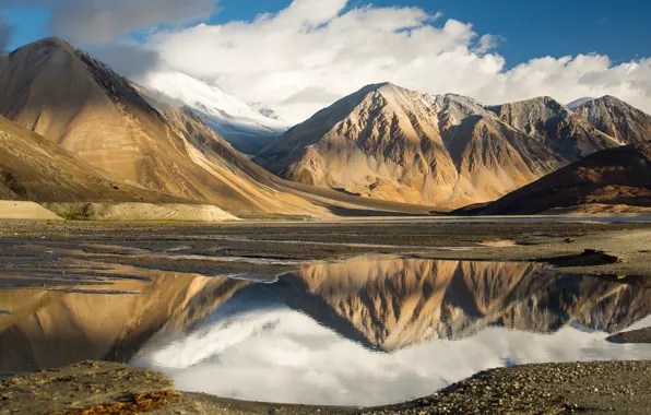 The sky, clouds, mountains, lake, reflection, Tibet, mountains, clouds