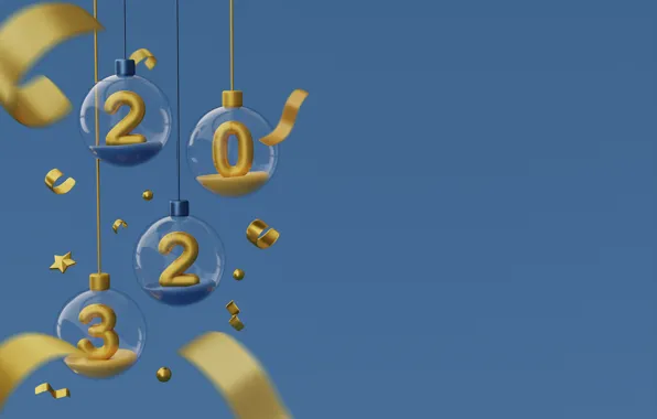 Balls, yellow, figures, transparent, New year, blue background, date, Christmas decorations