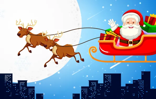 Home, Winter, Night, The moon, Christmas, New year, Santa Claus, Deer