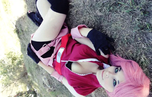 Girl, Naruto, lying, cosplay, Sakura Haruno