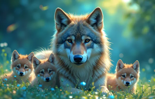 Look, together, glade, wolf, portrait, wolves, flowers, the cubs