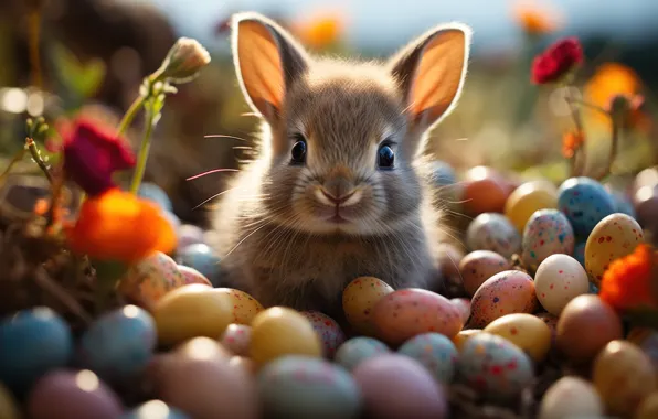 Look, light, flowers, nature, holiday, glade, hare, eggs
