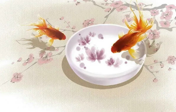 Picture fish, Sakura, art, goldfish, branch