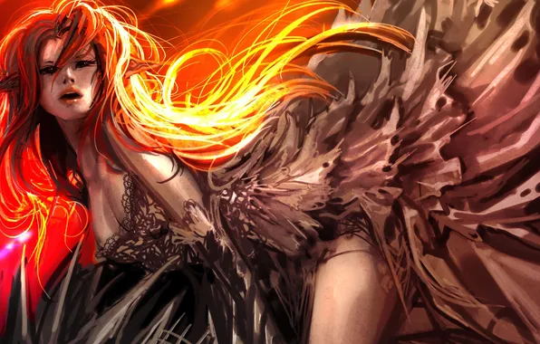 Girl, fire, red, ears, Elf