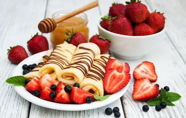 Berries, chocolate, strawberry, honey, cheese, pancakes, Olena Rudo