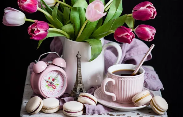 Picture tea, watch, tulips, macaroon