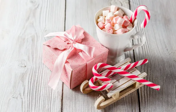 Winter, gift, hot, chocolate, Cup, sled, decor, marshmallows