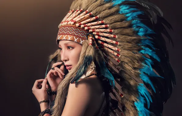 Girl, face, style, hair, feathers, headdress