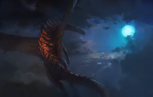 Moon, fantasy, Dragon, sky, night, clouds, digital art, artwork