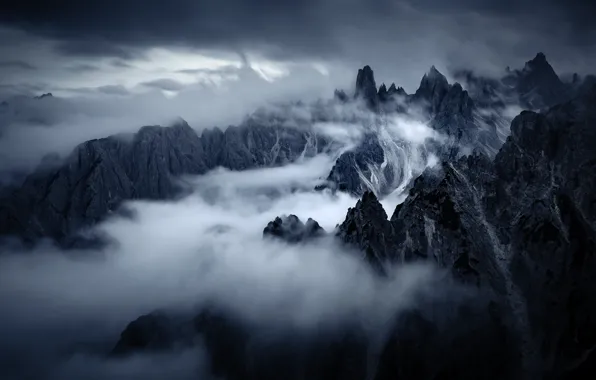 Mountains, fog, rocks, tops