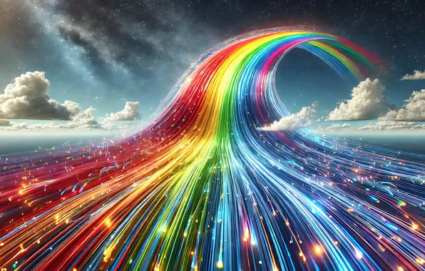The sky, clouds, lights, lights, movement, perspective, Shine, rainbow