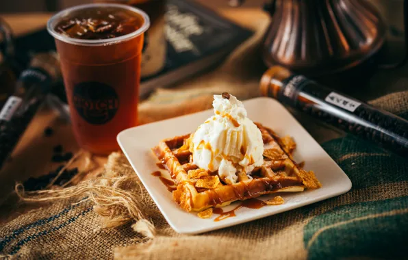 Coffee, ice cream, waffles