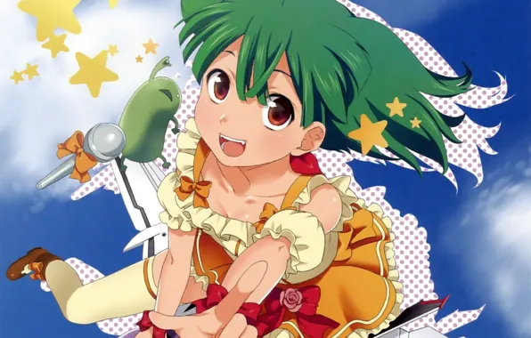 Hair, stars, microphone, flies, art, green, blue sky, Macross Frontier