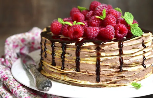 Raspberry, chocolate, cake, pancakes