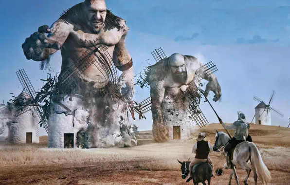 Mill, the battle, Don Quixote, Sancho Panza, the giants