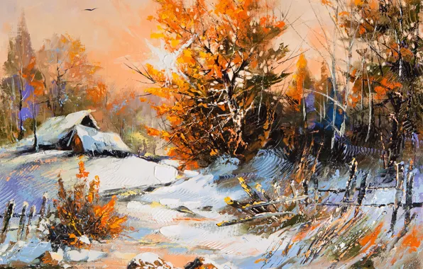 Winter, snow, trees, landscape, paint, foliage, picture, village
