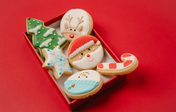 Holiday, box, new year, cookies, Happy New Year, red background, happy new year, Laura James