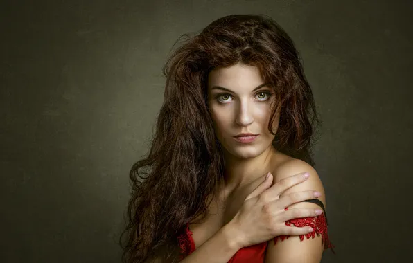 Look, girl, face, hand, portrait, brown hair, in red, shoulder