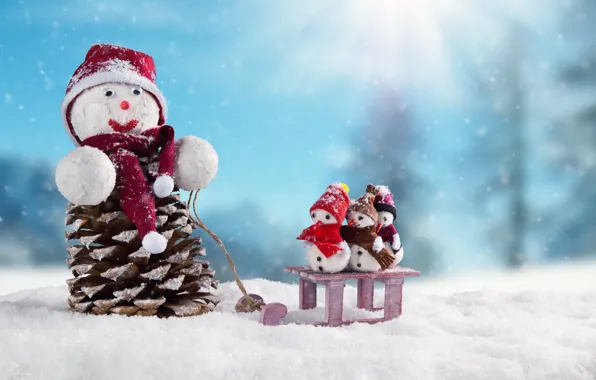 Winter, snow, snowflakes, New Year, Christmas, snowman, happy, Christmas