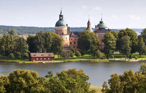 Trees, river, castle, Sweden, Gripsholms