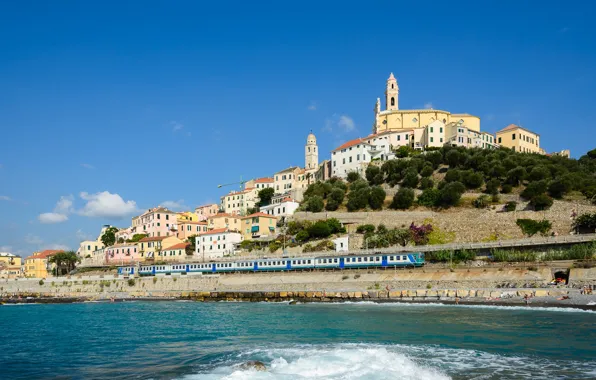 Sea, building, home, hill, train, Italy, Church, promenade