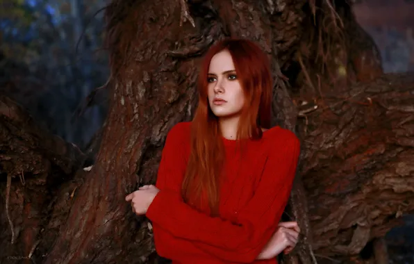 Girl, trees, red, redhead, long hair, sweater, Angelina, Denis Lankin