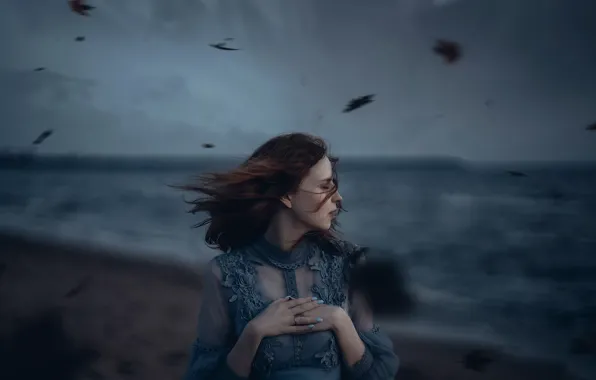 Picture girl, storm, the wind, shore, Alexander Shark