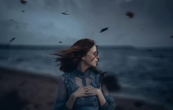 Girl, storm, the wind, shore, Alexander Shark