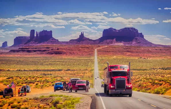 Road, field, clouds, mountains, machine, blue, movement, people
