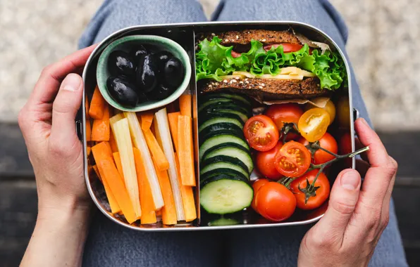 Food, container, sandwich, vegetables, lunch