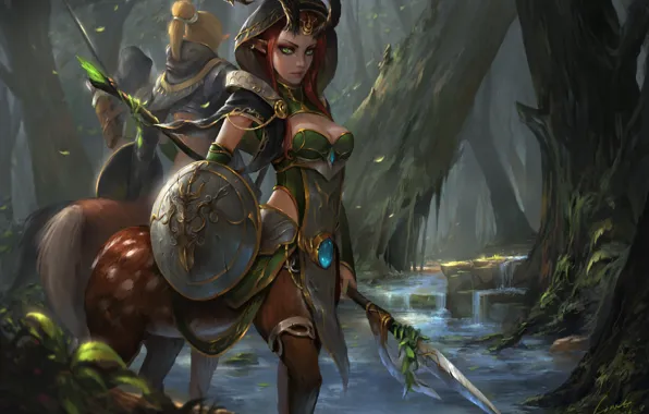 Picture forest, look, girl, trees, weapons, art, shield, fantasy
