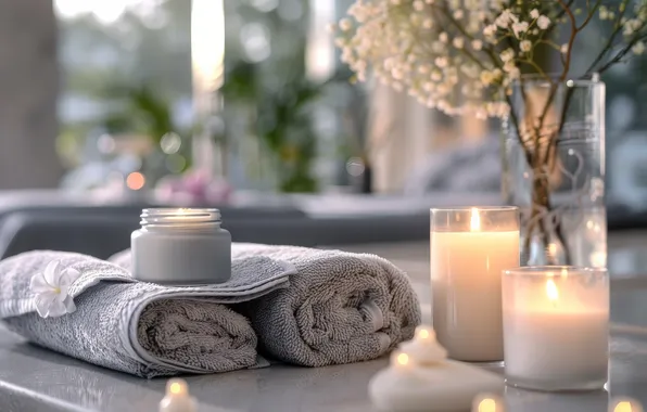 Glass, light, flowers, glare, table, flame, interior, towel