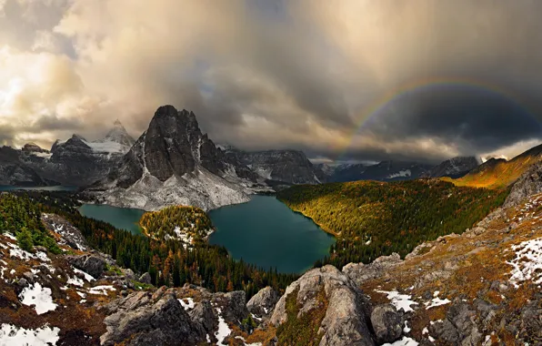 Autumn, clouds, mountains, clouds, rainbow, Canada, panorama, Albert